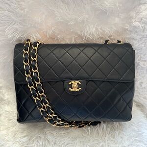 Chanel Black Jumbo Quilted Shoulder Bag with Gold Chain